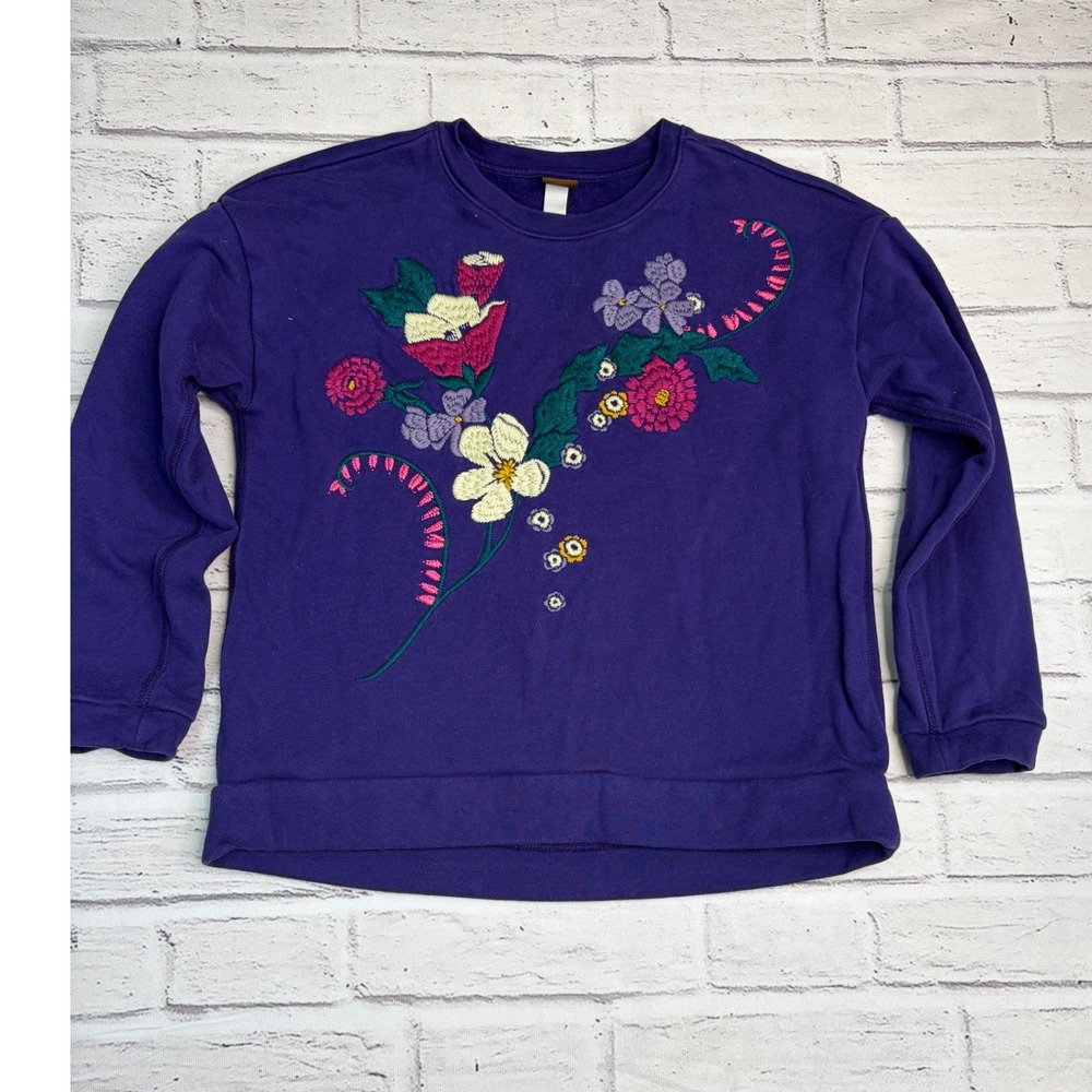 Tea Collection Girls Purple Floral Embroidered Sweatshirt Size 10 Cotton Blend